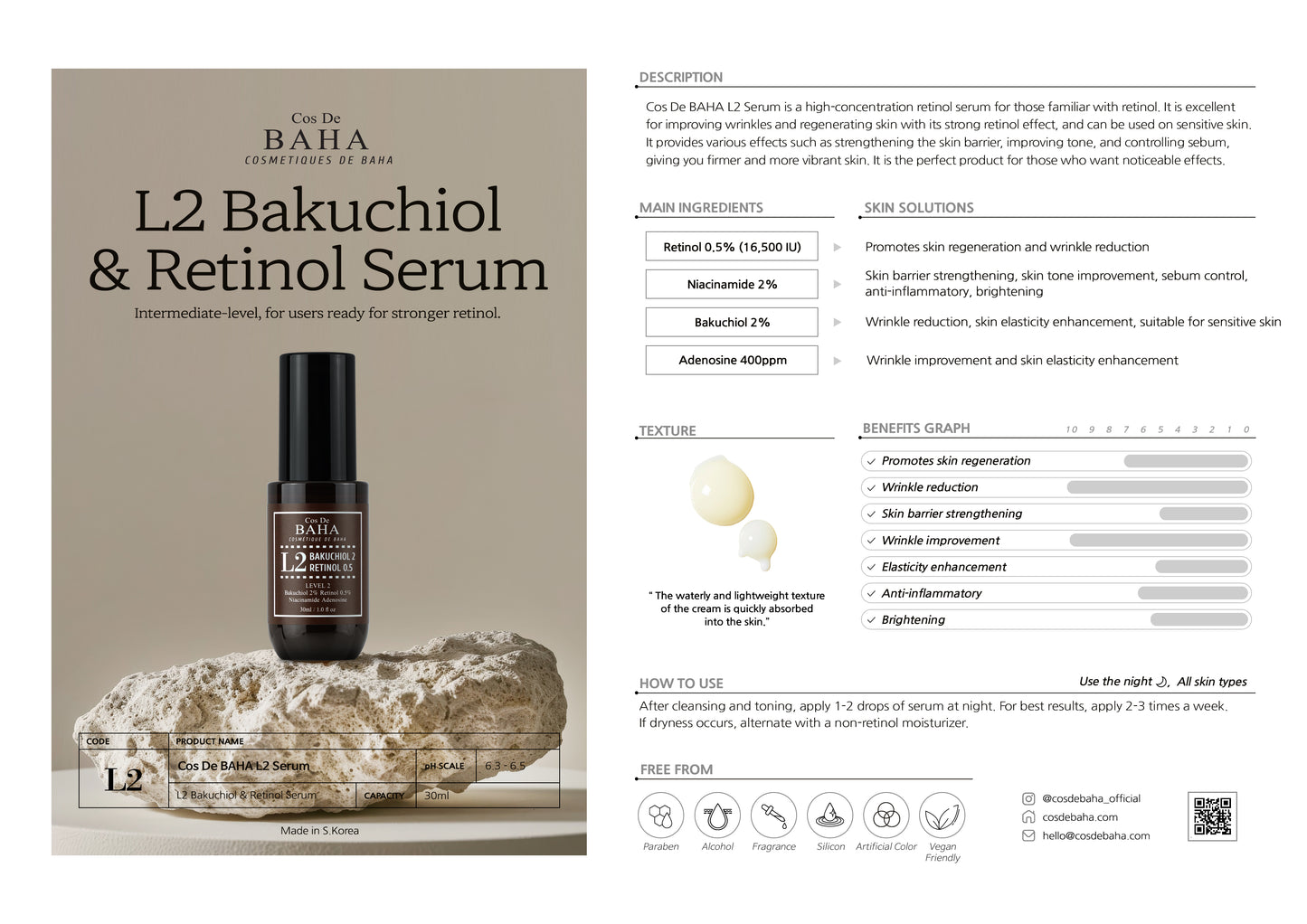 Cos De BAHA L2 Bakuchiol 20,000ppm Retinol 0.5% Vitamin A Ampoule Serum 30ml