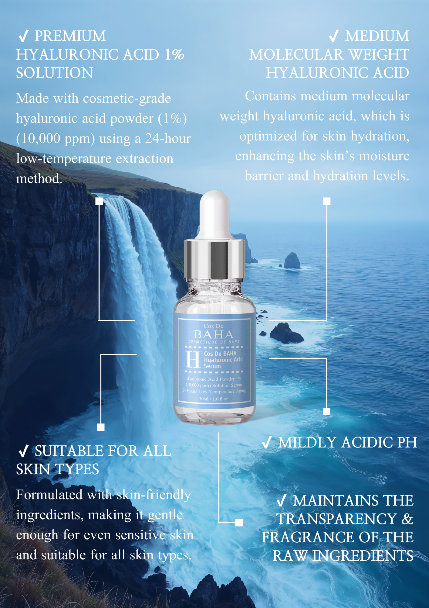 Cos De BAHA Amazon Best-Seller Hyaluronic Acid Medium Molecular 1% Deep Hydration Serum 30ml