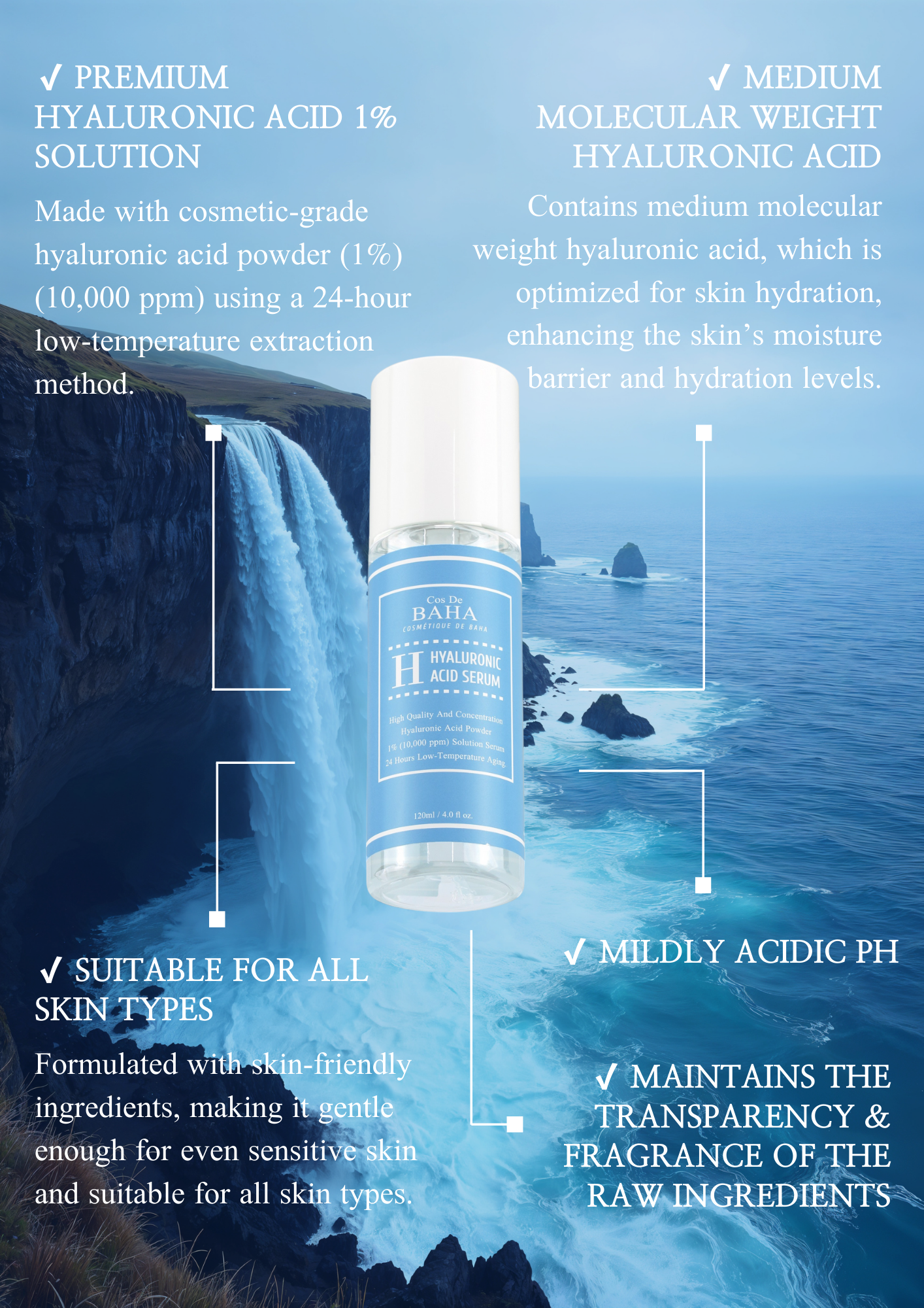 Cos De BAHA Amazon Best-Seller Hyaluronic Acid Medium Molecular 1% Deep Hydration Serum 120ml